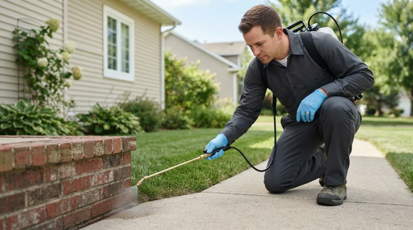 Pest control technician treating a home near Gillett Grove, IA