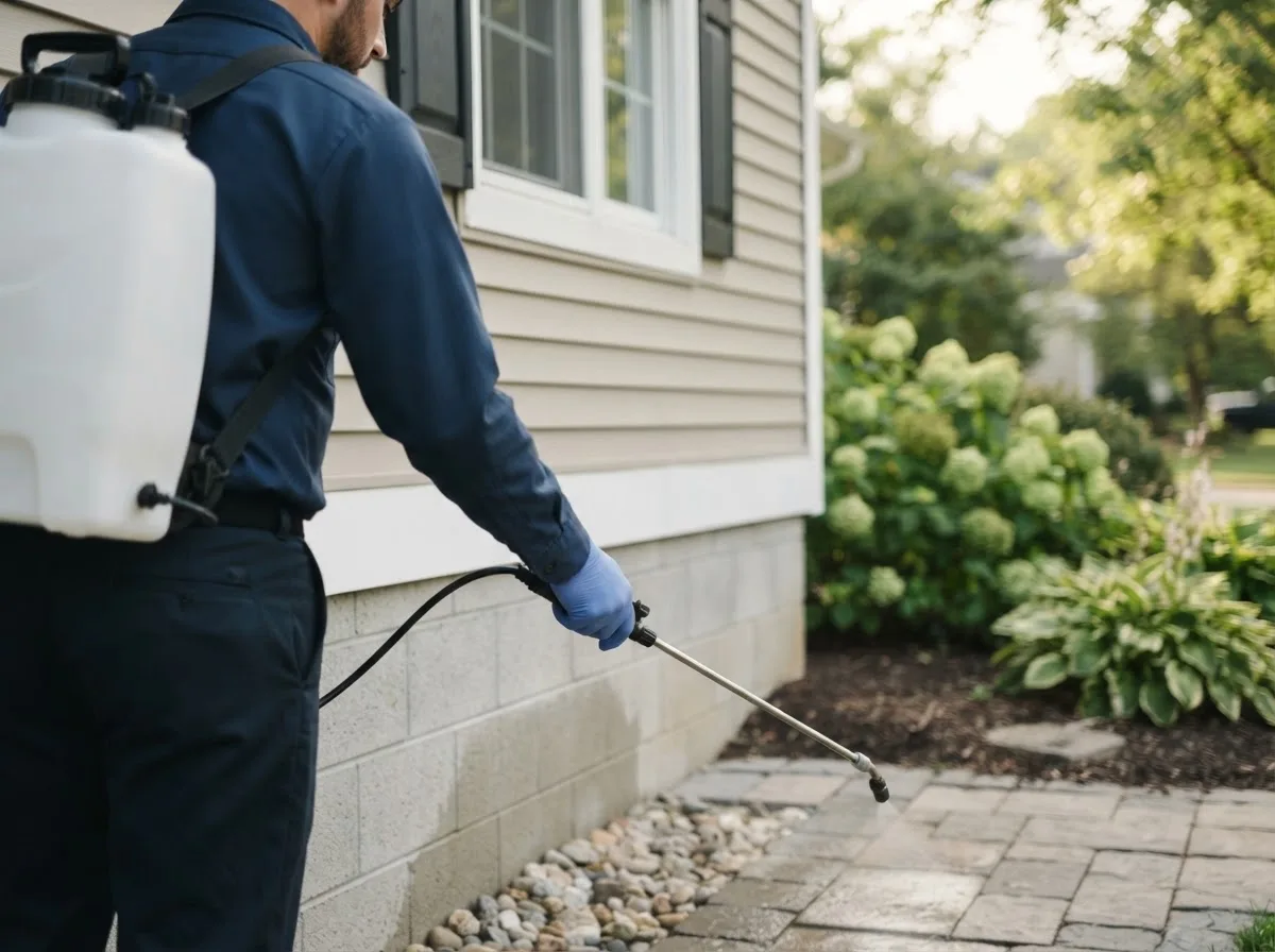 Pest control technician inspecting a home in Gillett Grove, IA